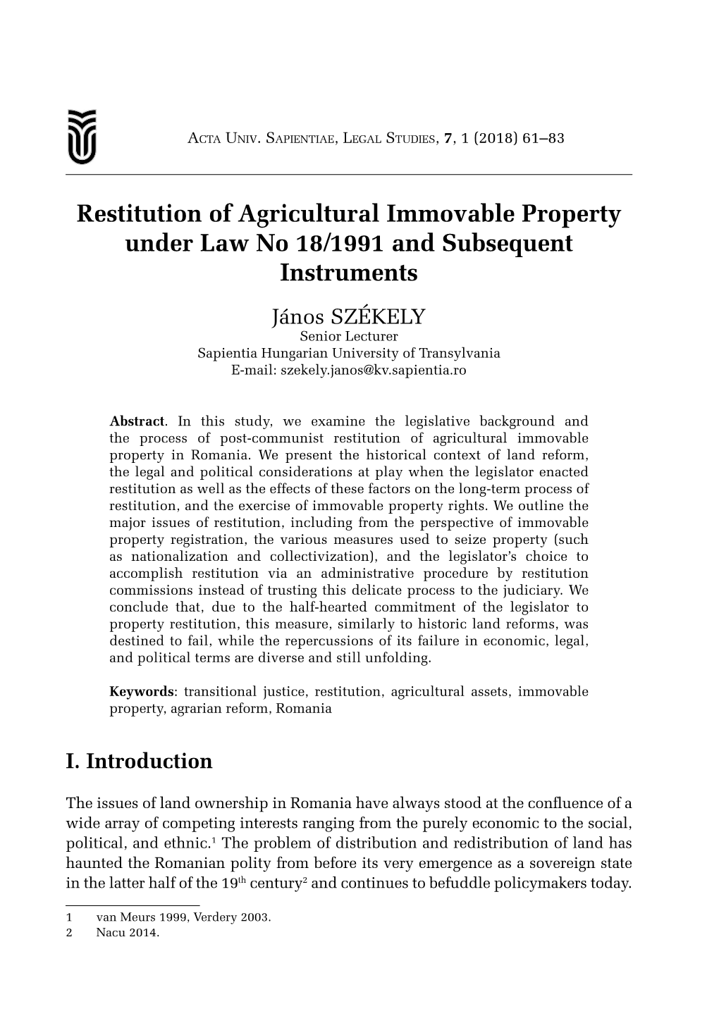 Restitution of Agricultural Immovable Property Under Law No 18/1991 and Subsequent Instruments