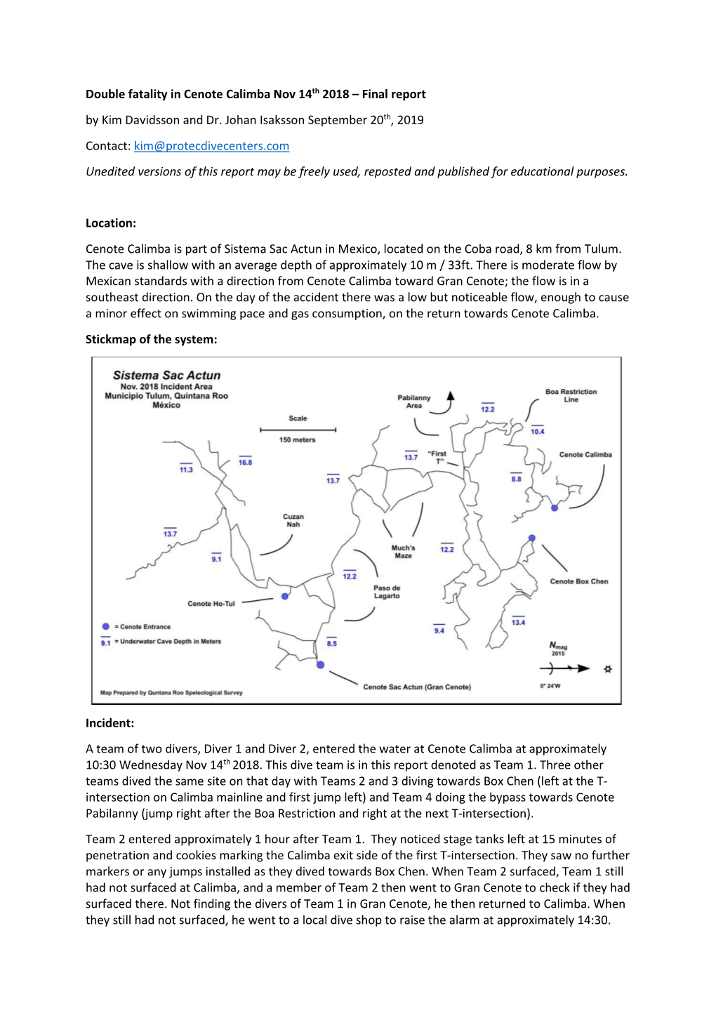 Double Fatality in Cenote Calimba Nov 14Th 2018 – Final Report by Kim Davidsson and Dr