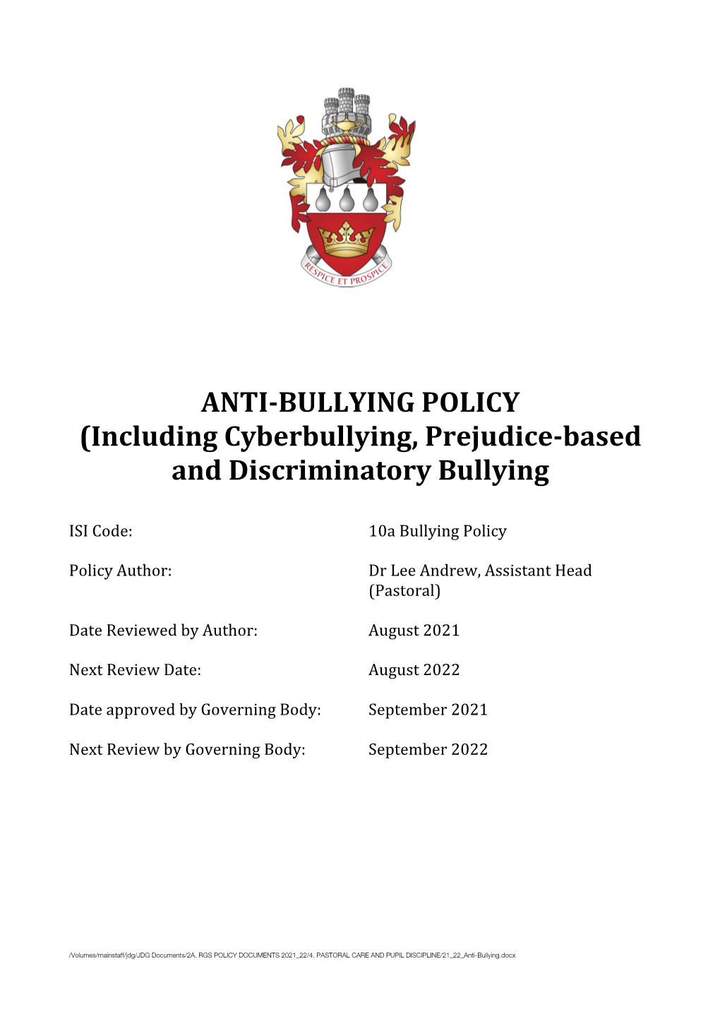 ANTI-BULLYING POLICY (Including Cyberbullying, Prejudice-Based and ...