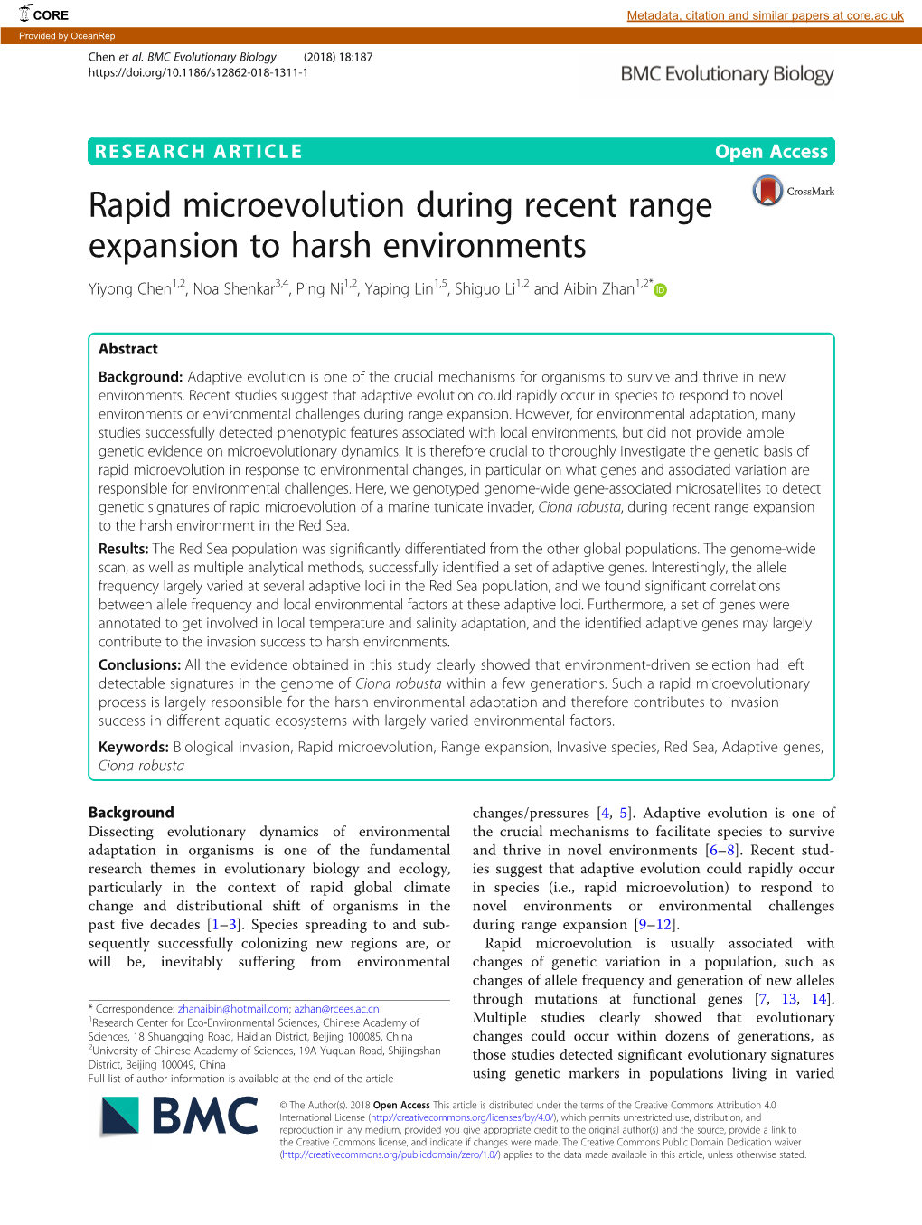 Rapid Microevolution During Recent Range Expansion to Harsh Environments Yiyong Chen1,2, Noa Shenkar3,4, Ping Ni1,2, Yaping Lin1,5, Shiguo Li1,2 and Aibin Zhan1,2*