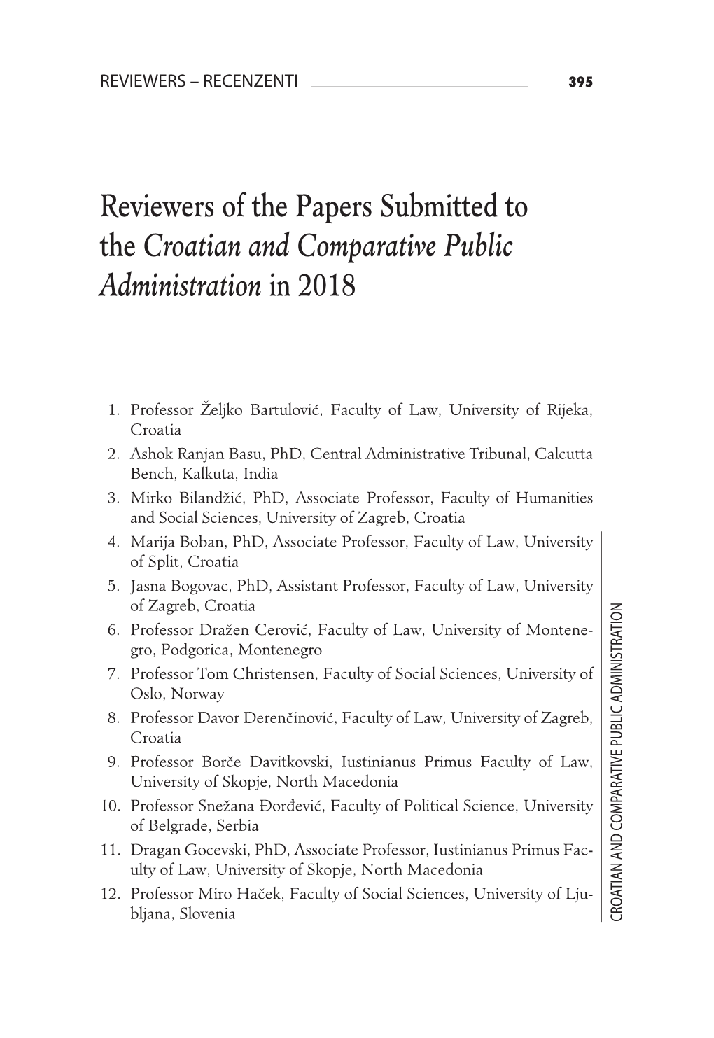 Reviewers of the Papers Submitted to the Croatian and Comparative Public Administration in 2018