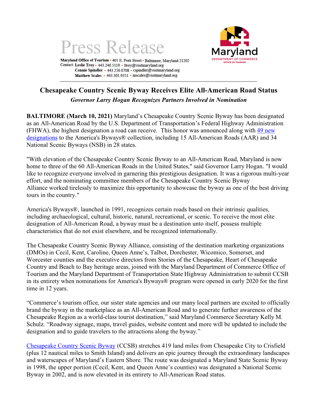 Chesapeake Country Scenic Byway Receives Elite All-American Road Status Governor Larry Hogan Recognizes Partners Involved in Nomination