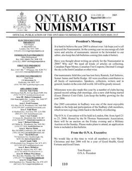 Numismatist Official Publication of the Ontario Numismatic Association Issn 0048-1 8 15
