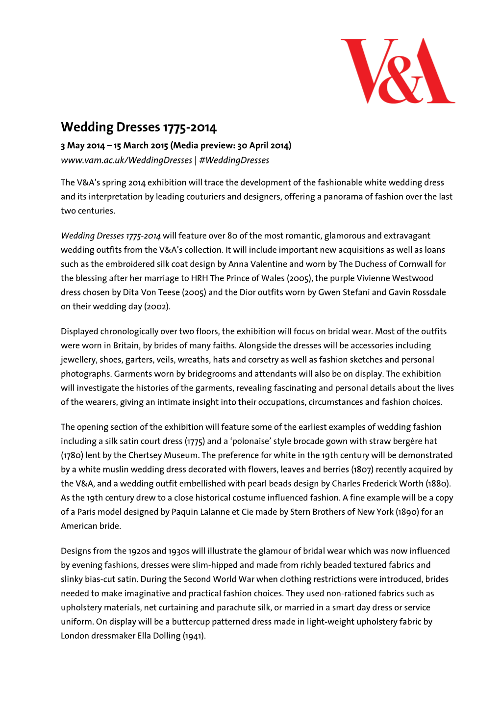 Wedding Dresses 1775-2014 Press Release FINAL
