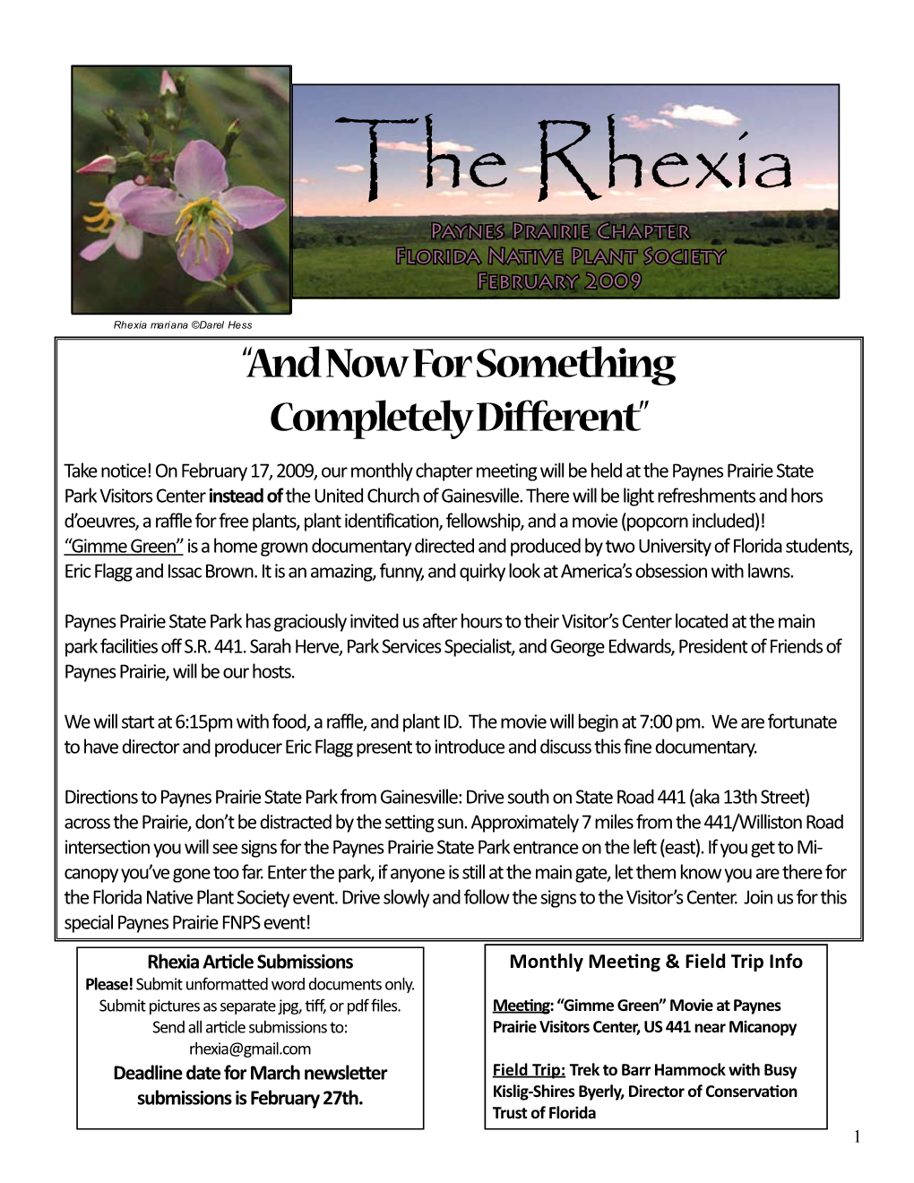 The Rhexia Paynes Prairie Chapter Florida Native Plant Society February 2009