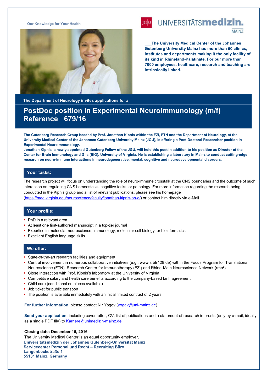 Postdoc Position in Experimental Neuroimmunology (M/F) Reference 679/16