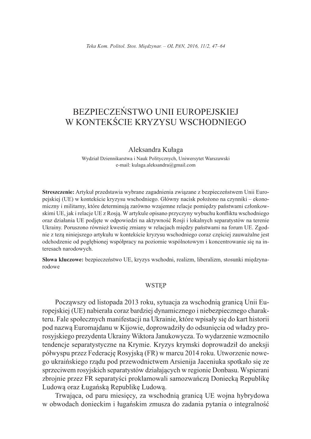 Bezpieczeństwo Unii Europejskiej W Kontekście Kryzysu Wschodniego