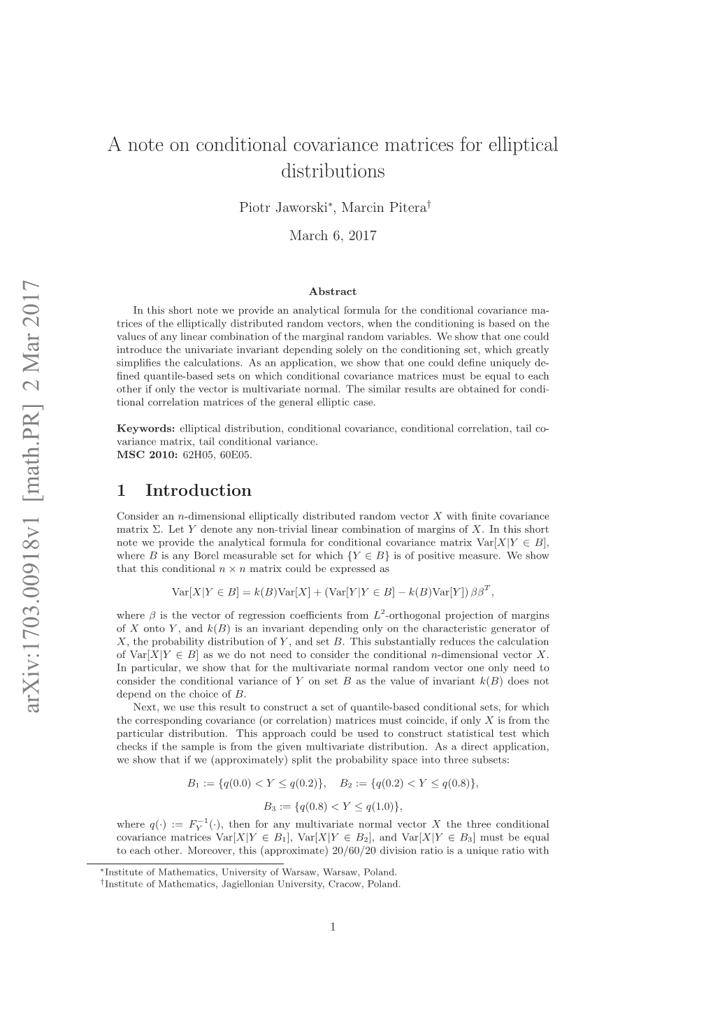 A Note on Conditional Covariance Matrices for Elliptical Distributions