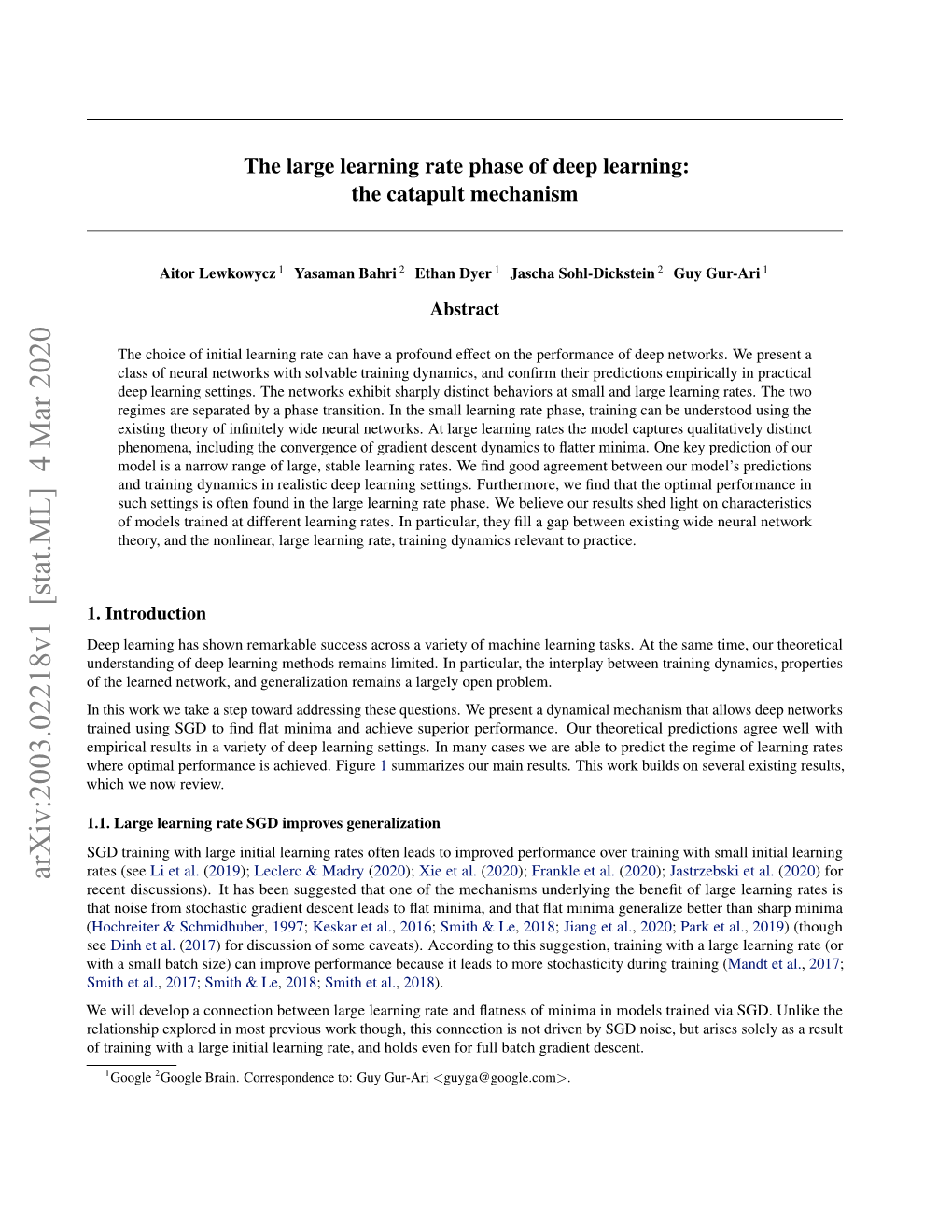 The Large Learning Rate Phase of Deep Learning: the Catapult Mechanism