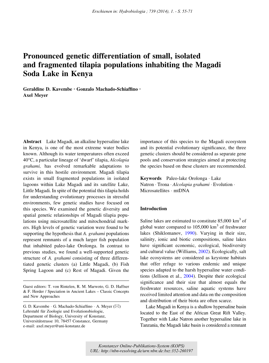 Pronounced Genetic Differentiation of Small, Isolated and Fragmented Tilapia Populations Inhabiting the Magadi Soda Lake in Kenya