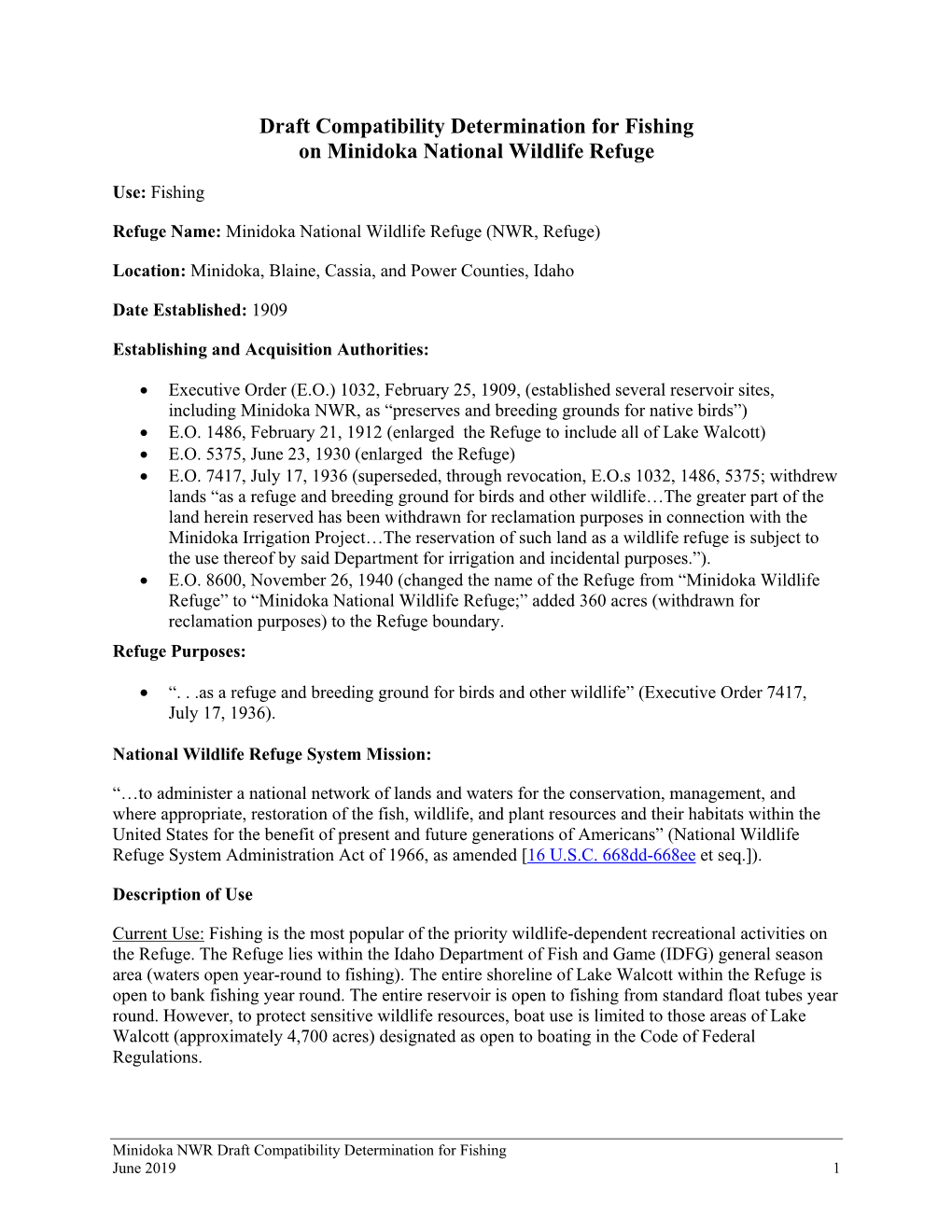 Draft Compatibility Determination for Fishing on Minidoka National Wildlife Refuge