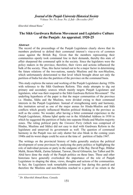 The Sikh Gurdwara Reform Movement and Legislative Culture of the Punjab: an Appraisal. 1920-25