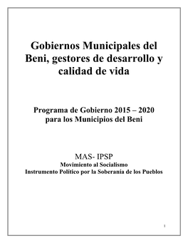 Gobiernos Municipales Del Beni, Gestores De Desarrollo Y Calidad De Vida