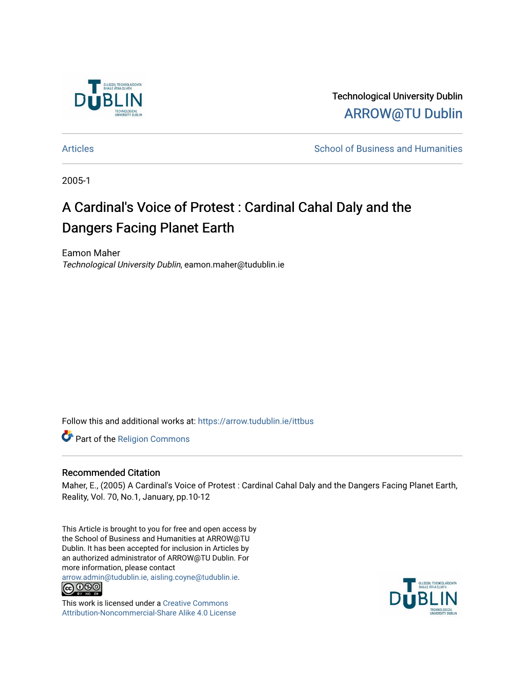 Cardinal Cahal Daly and the Dangers Facing Planet Earth