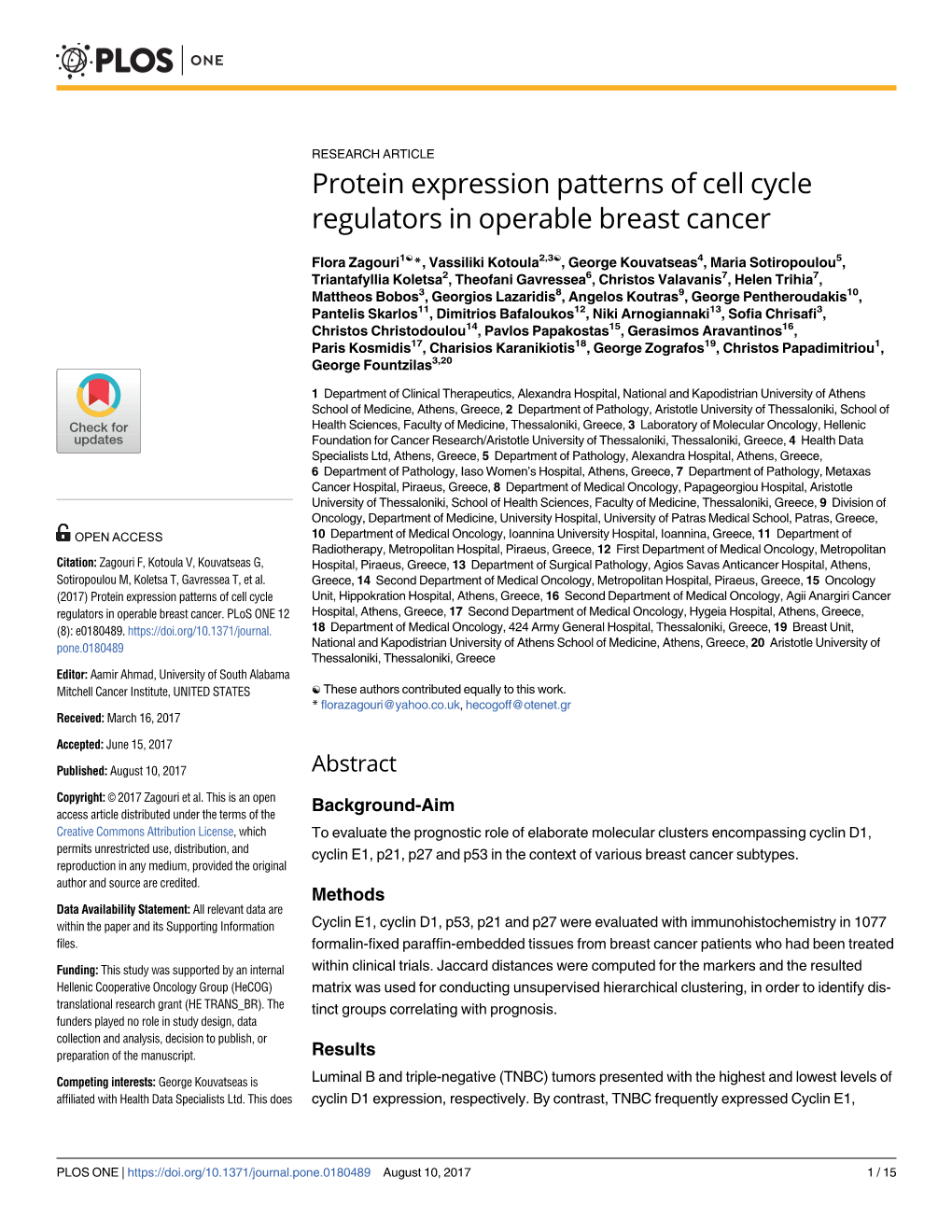 Protein Expression Patterns of Cell Cycle Regulators in Operable Breast Cancer