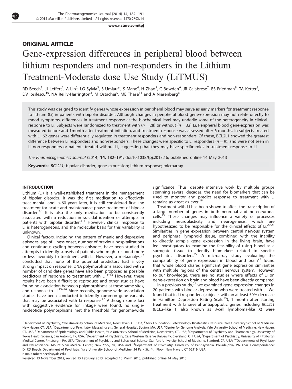 Gene-Expression Differences in Peripheral Blood Between Lithium Responders and Non-Responders in the Lithium Treatment-Moderate Dose Use Study (Litmus)