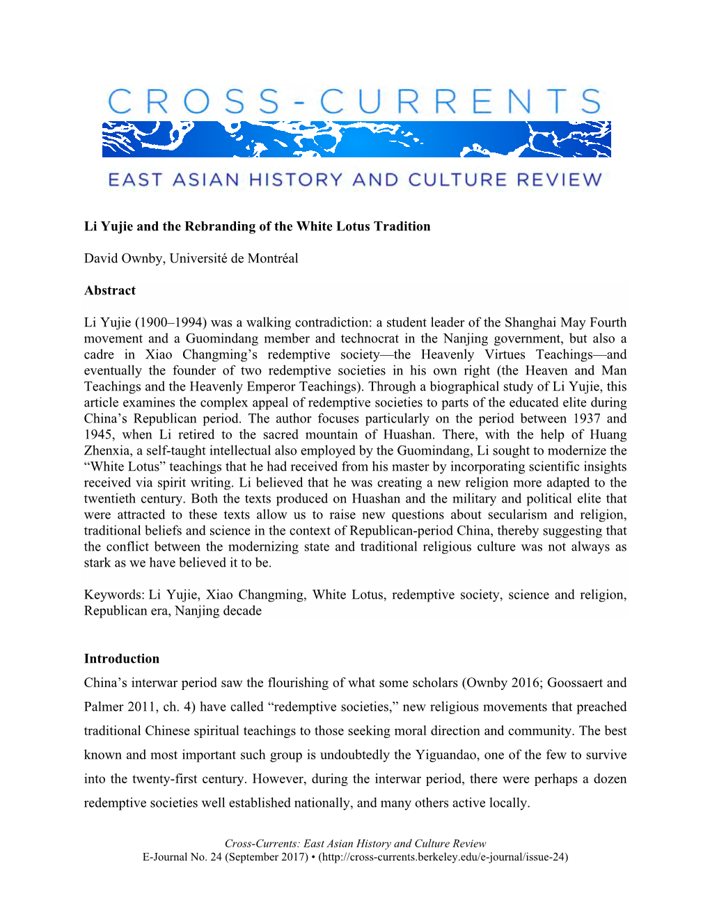 Li Yujie and the Rebranding of the White Lotus Tradition David Ownby