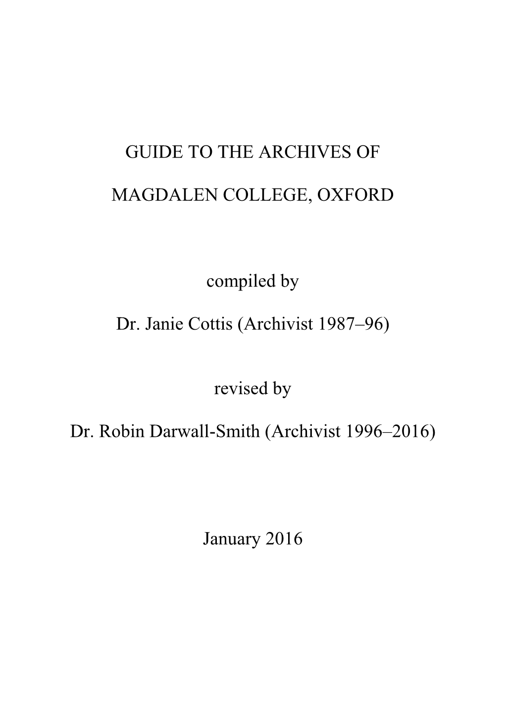 Guide to the Archives of Magdalen College, Oxford