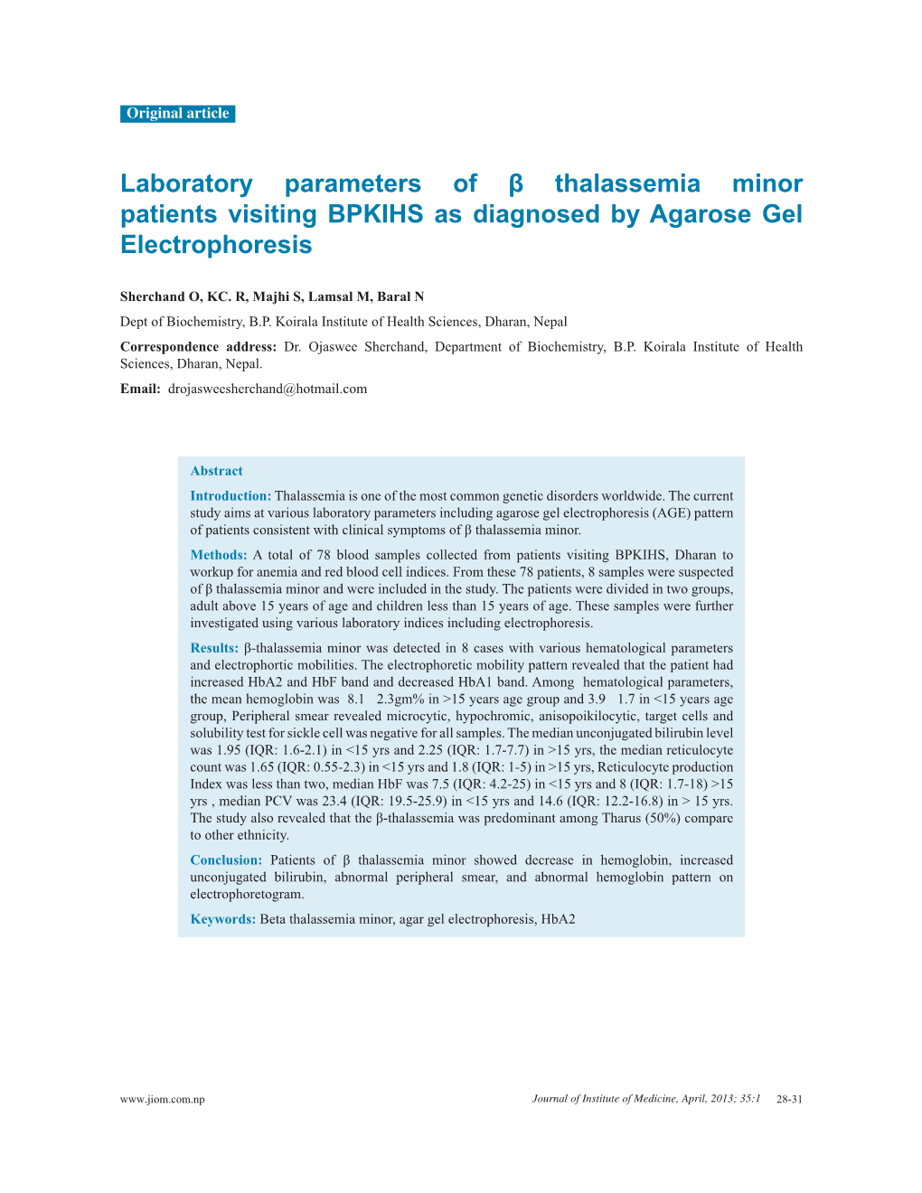 Laboratory Parameters of Β Thalassemia Minor Patients Visiting