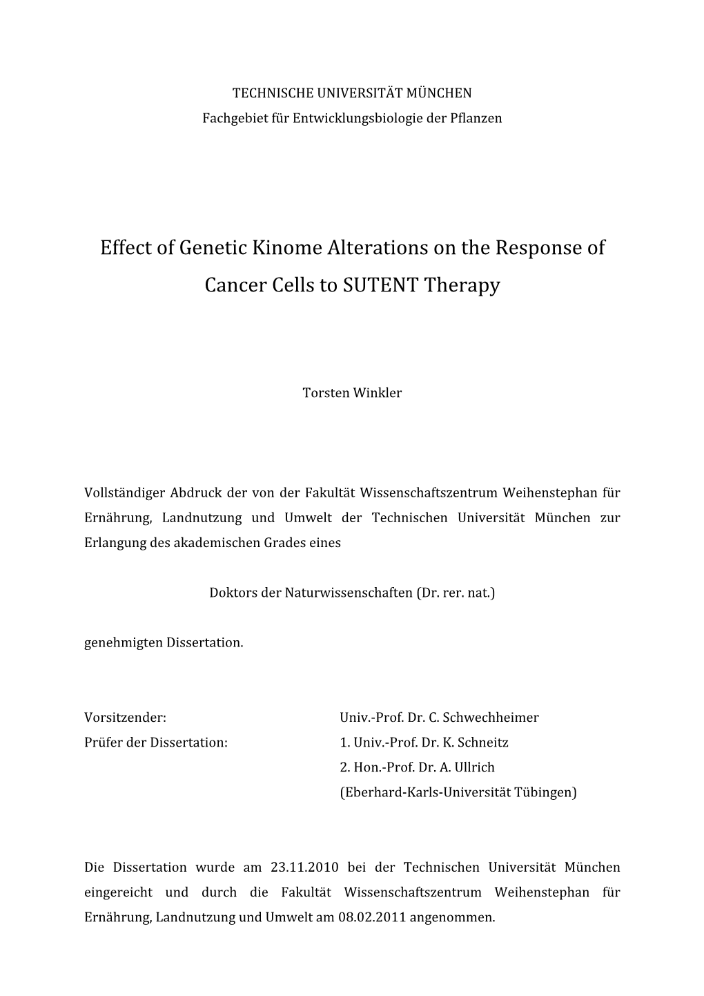 Effect of Genetic Kinome Alterations on the Response of Cancer Cells to SUTENT Therapy