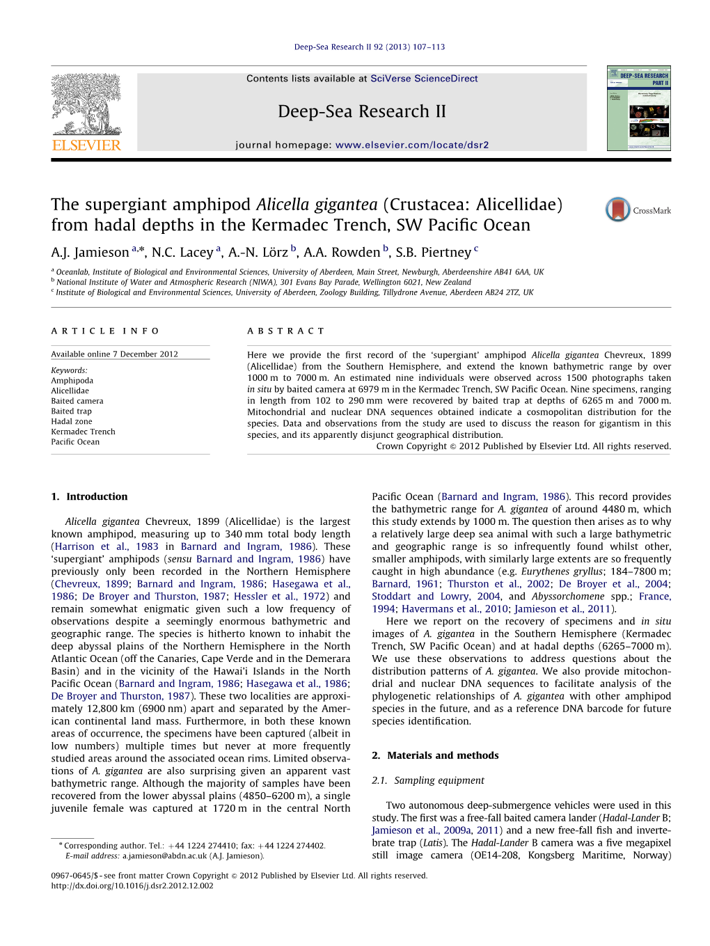 The Supergiant Amphipod Alicella Gigantea (Crustacea: Alicellidae) from Hadal Depths in the Kermadec Trench, SW Paciﬁc Ocean