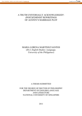 A Truth Universally Acknowledged?: (Post)Feminist Rewritings of Austen‘S Marriage Plot