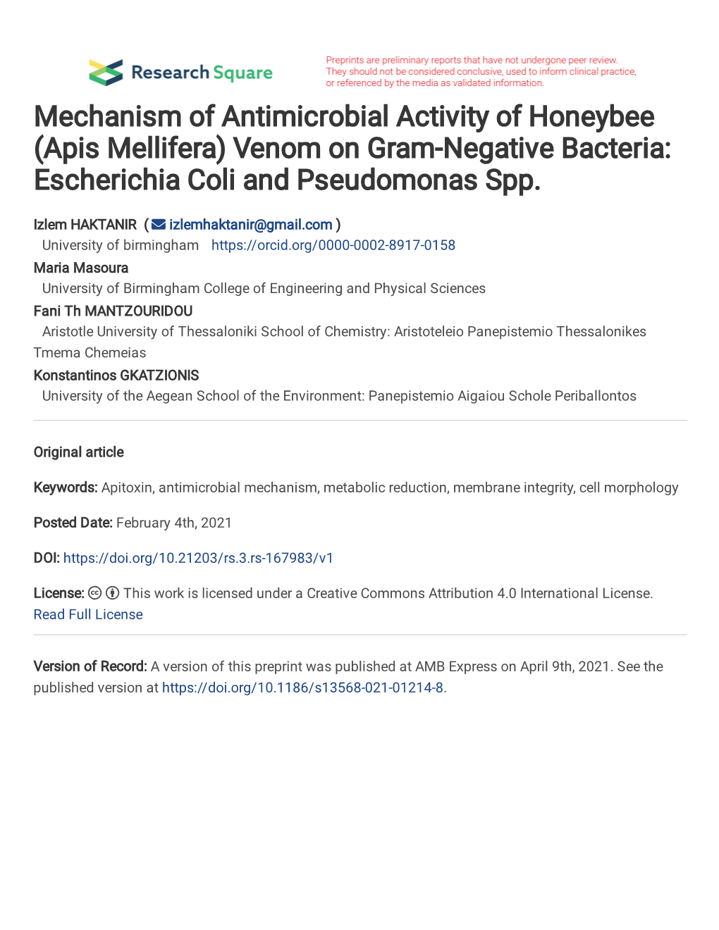 (Apis Mellifera) Venom on Gram-Negative Bacteria: Escherichia Coli and Pseudomonas Spp