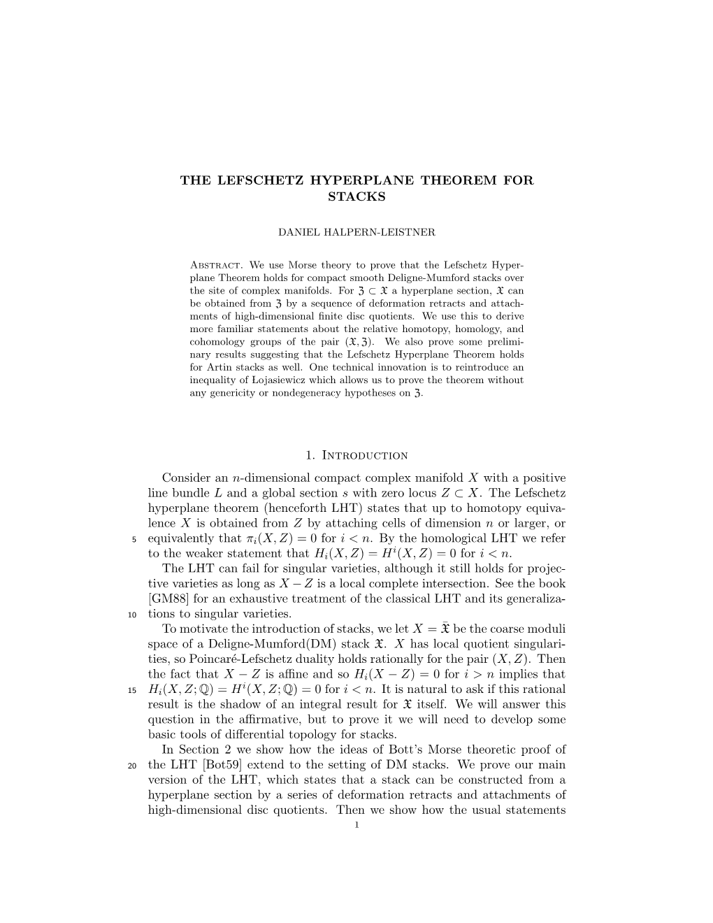 THE LEFSCHETZ HYPERPLANE THEOREM for STACKS 1. Introduction Consider an N-Dimensional Compact Complex Manifold X with a Positive