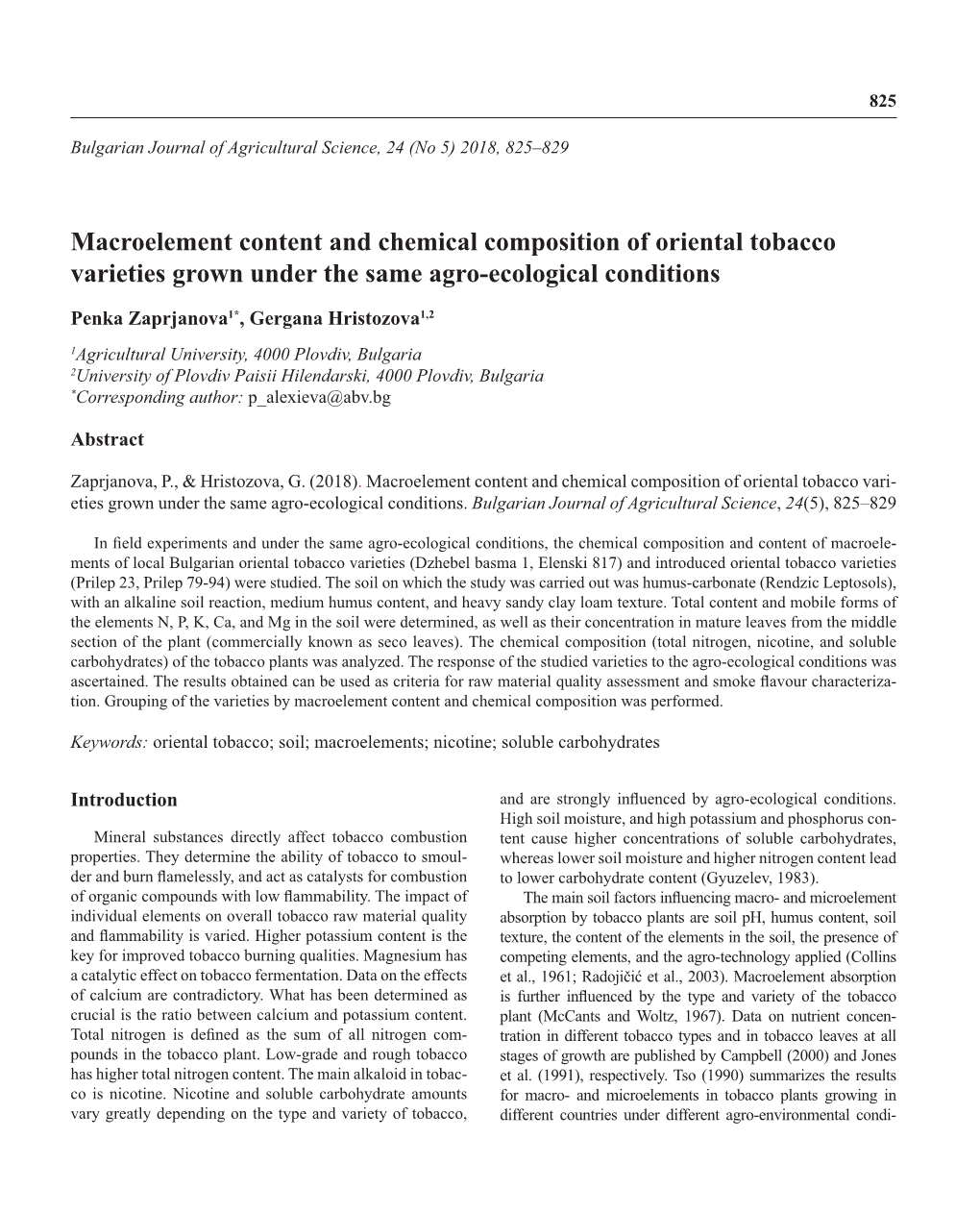 Macroelement Content and Chemical Composition of Oriental Tobacco Varieties Grown Under the Same Agro-Ecological Conditions