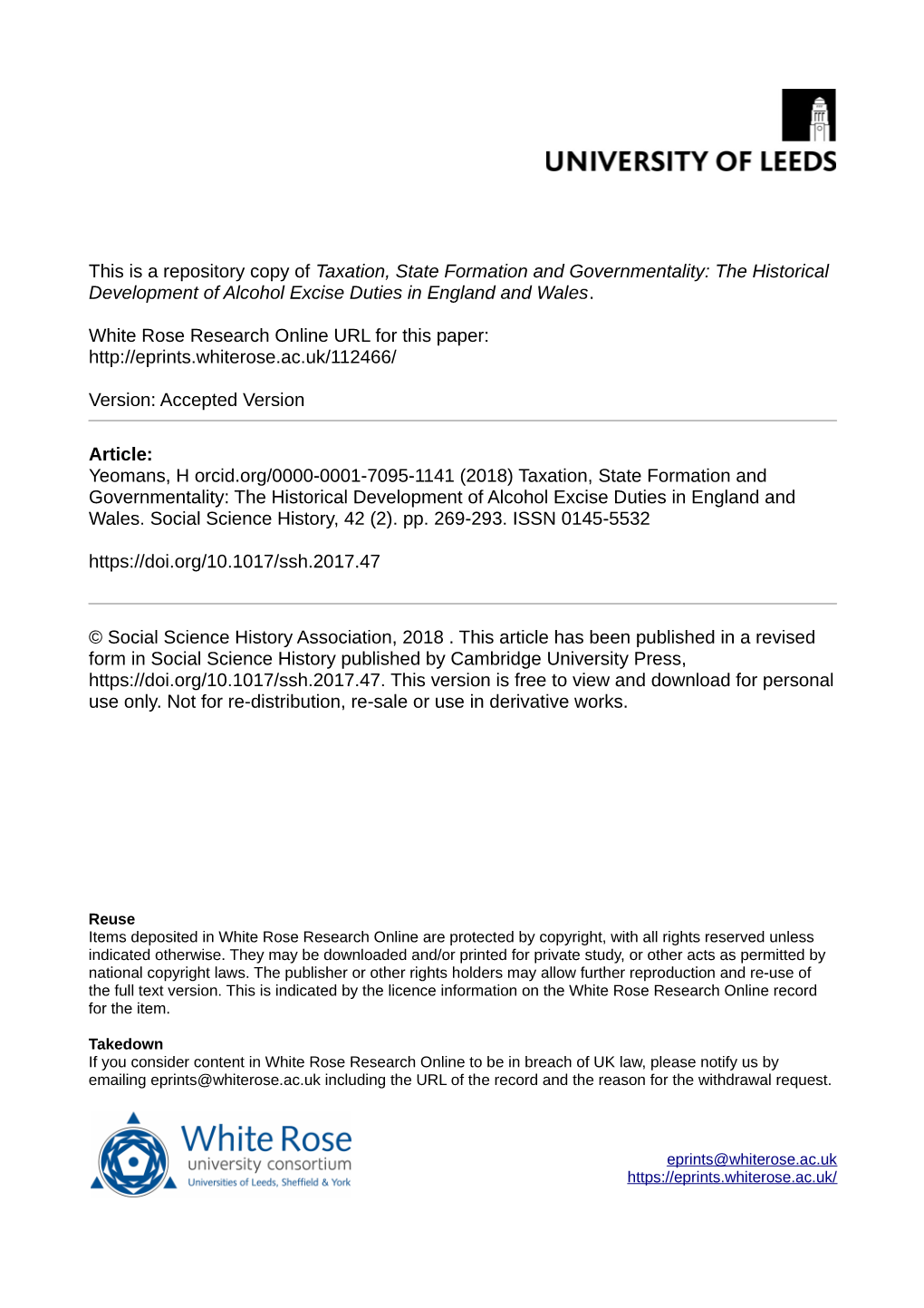 Taxation, State Formation and Governmentality: the Historical Development of Alcohol Excise Duties in England and Wales