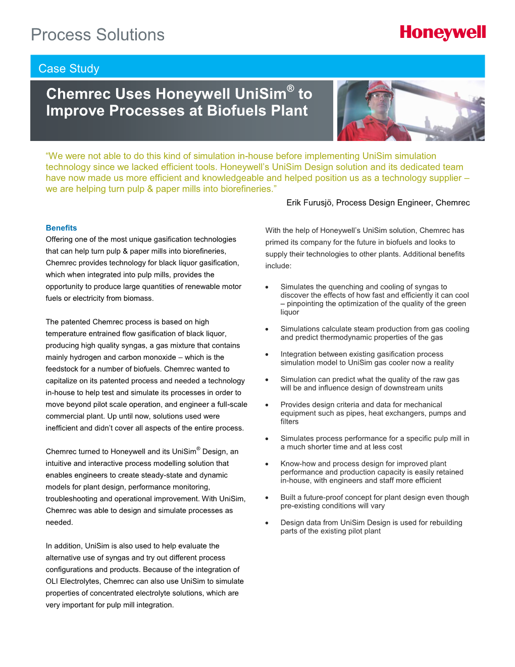 Chemrec Uses Honeywell Unisim® to Improve Processes at Biofuels Plant