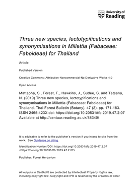 Three New Species, Lectotypifications and Synonymisations in Millettia (Fabaceae: Faboideae) for Thailand