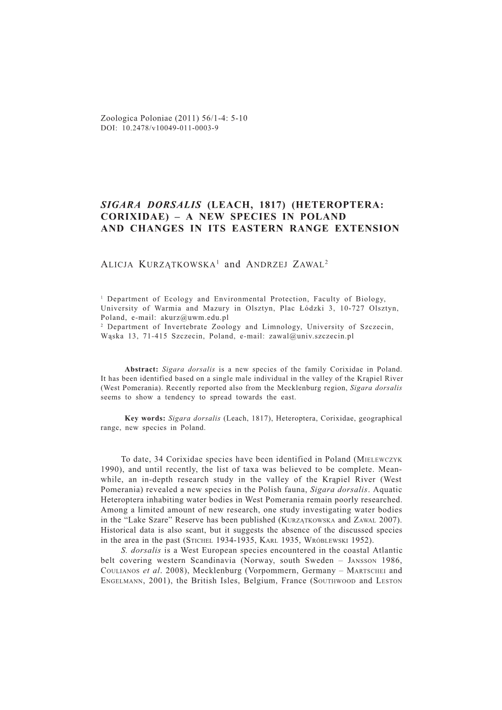 Heteroptera: Corixidae) – a New Species in Poland and Changes in Its Eastern Range Extension