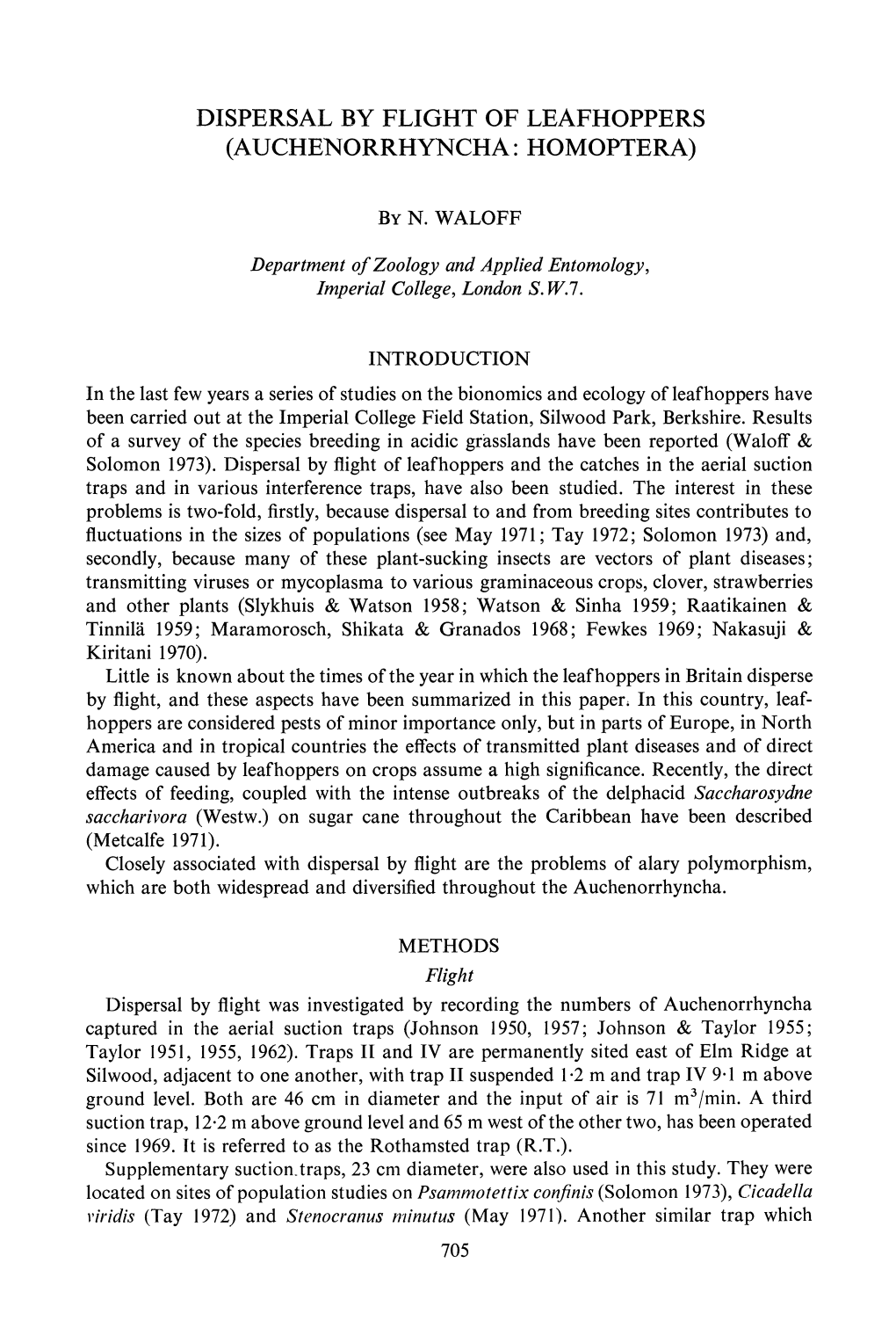 Dispersal by Flight of Leafhoppers (Auchenorrhyncha: Homoptera)