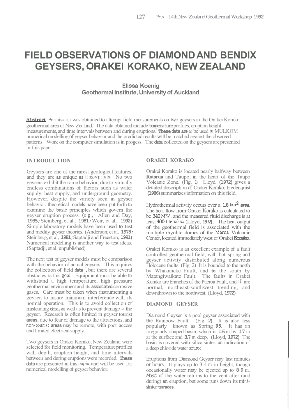 Field Observations of Diamond and Bendix Geysers, Korako, New Zealand
