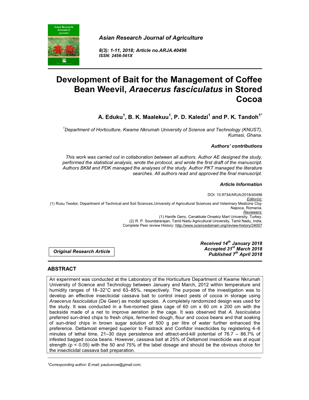 Development of Bait for the Management of Coffee Bean Weevil, Araecerus Fasciculatus in Stored Cocoa