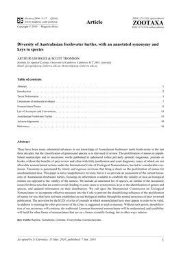 Zootaxa, Diversity of Australasian Freshwater Turtles, with An