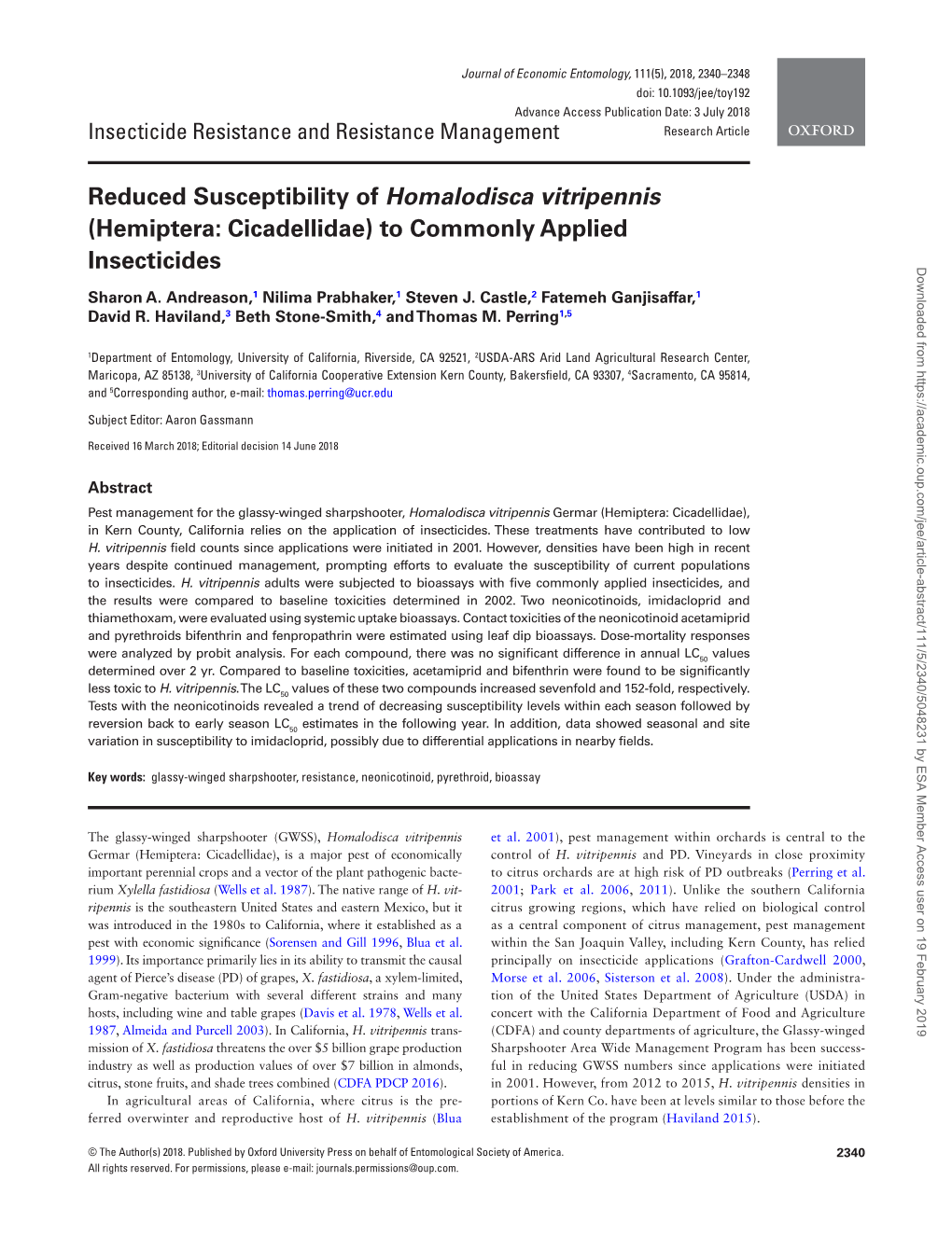 Reduced Susceptibility of Homalodisca Vitripennis (Hemiptera: Cicadellidae) to Commonly Applied