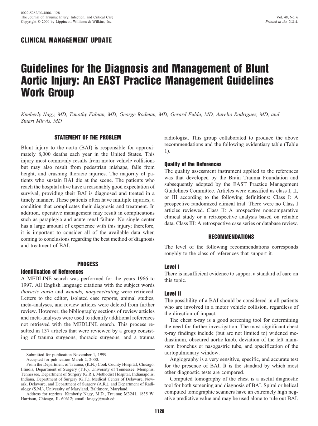 Guidelines for the Diagnosis and Management of Blunt Aortic Injury: an EAST Practice Management Guidelines Work Group