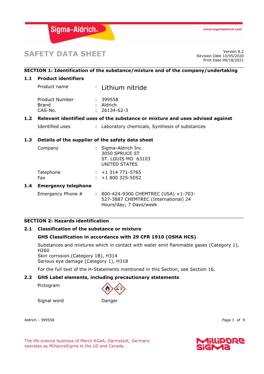 SAFETY DATA SHEET Revision Date 10/05/2020 Print Date 09/18/2021