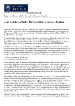 John Webster: a Darker Playwright for Renaissance England