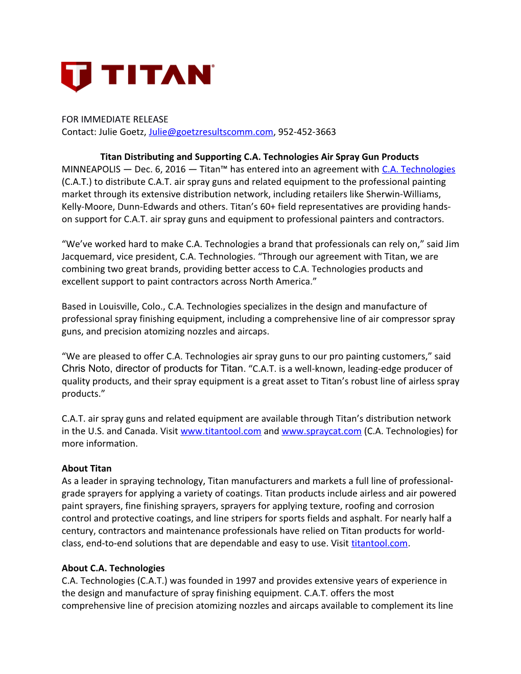 Titan Distributing and Supporting C.A. Technologies Air Spray Gun Products