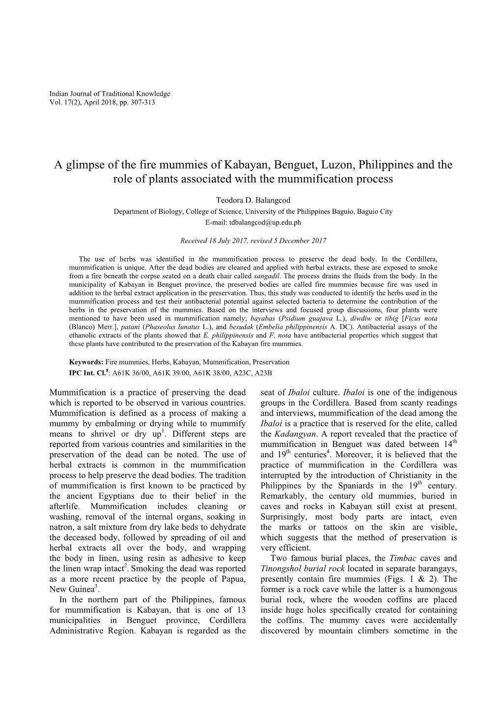 A Glimpse of the Fire Mummies of Kabayan, Benguet, Luzon, Philippines and the Role of Plants Associated with the Mummification Process
