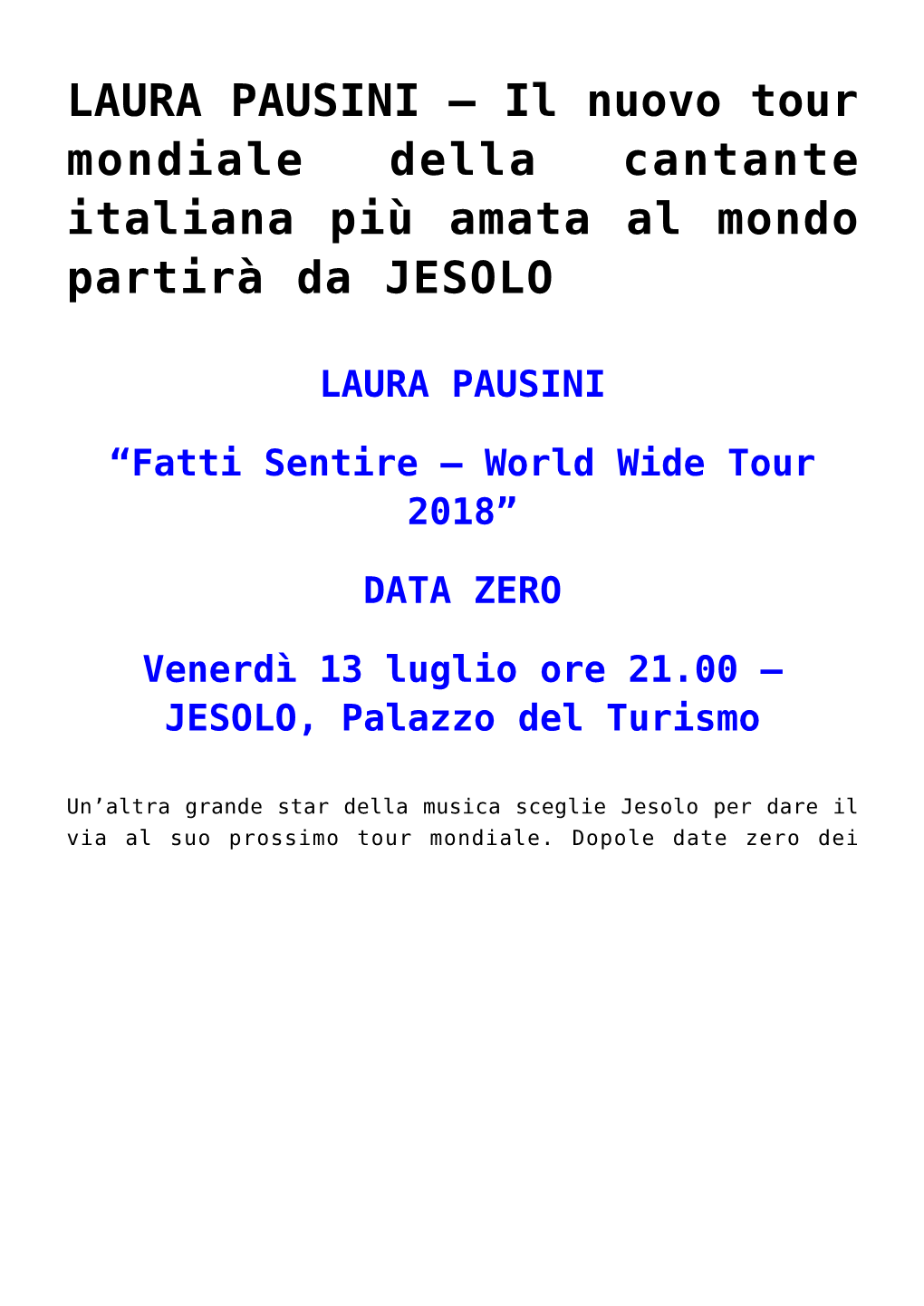 LAURA PAUSINI &#8211; Il Nuovo Tour Mondiale Della