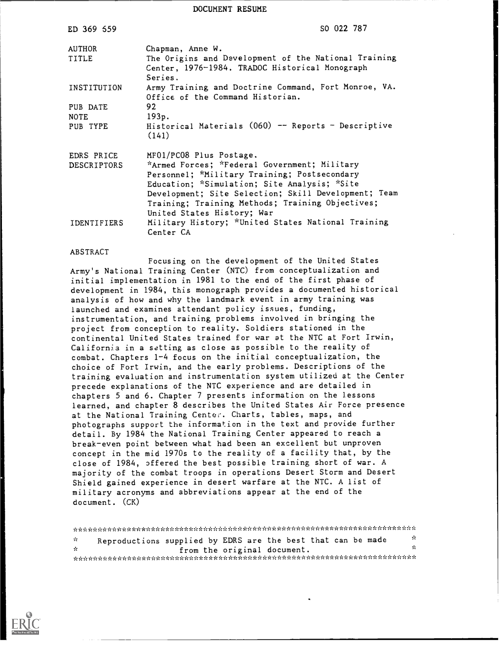 The Origins and Development of the National Training Center, 1976-1984