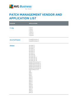 Patch Management Vendor and Application List