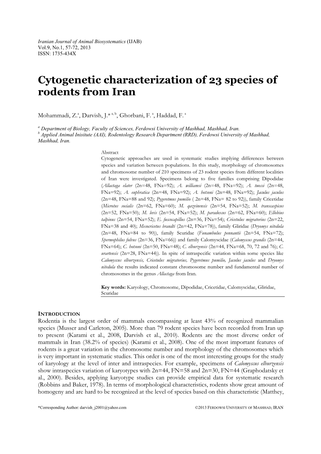 Cytogenetic Characterization of 23 Species of Rodents from Iran