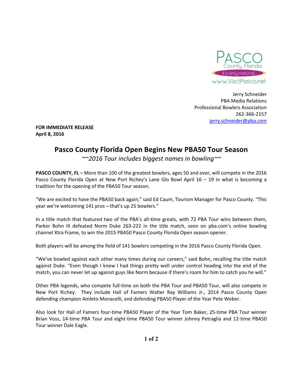 Pasco County Florida Open Begins New PBA50 Tour Season ~~2016 Tour Includes Biggest Names in Bowling~~