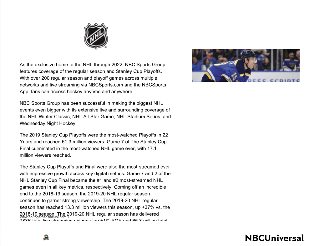 NHL Through 2022, NBC Sports Group Features Coverage of the Regular Season and Stanley Cup Playoffs