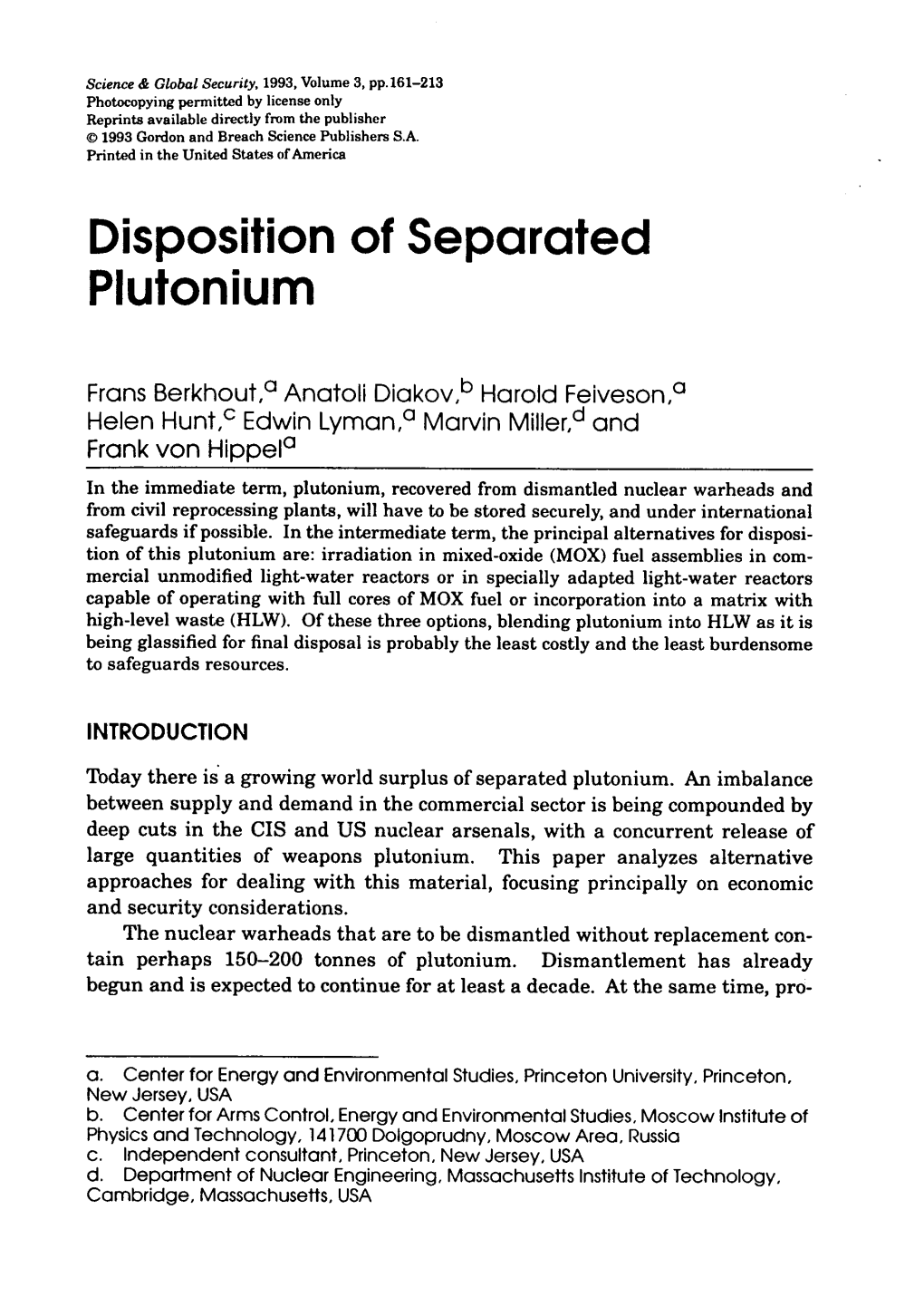 Disposition of Separated Plutonium